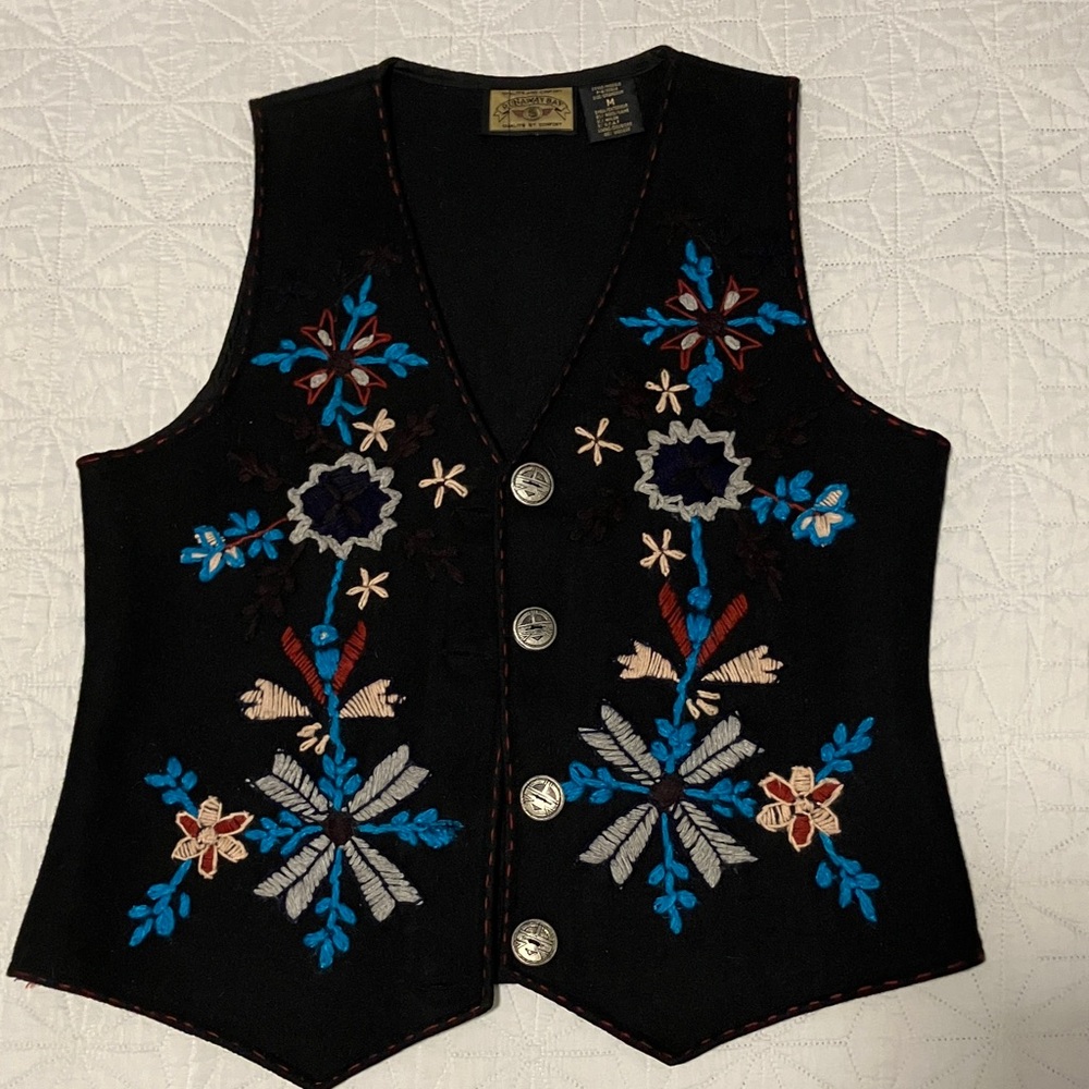 Vintage Wool Embroidered Black Vest with Floral Design size Medium